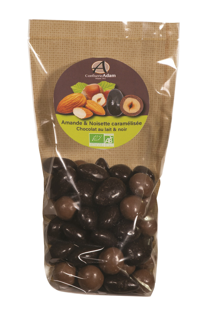Organic Almond & Caramelized Hazelnuts with milk and dark chocolates 150g