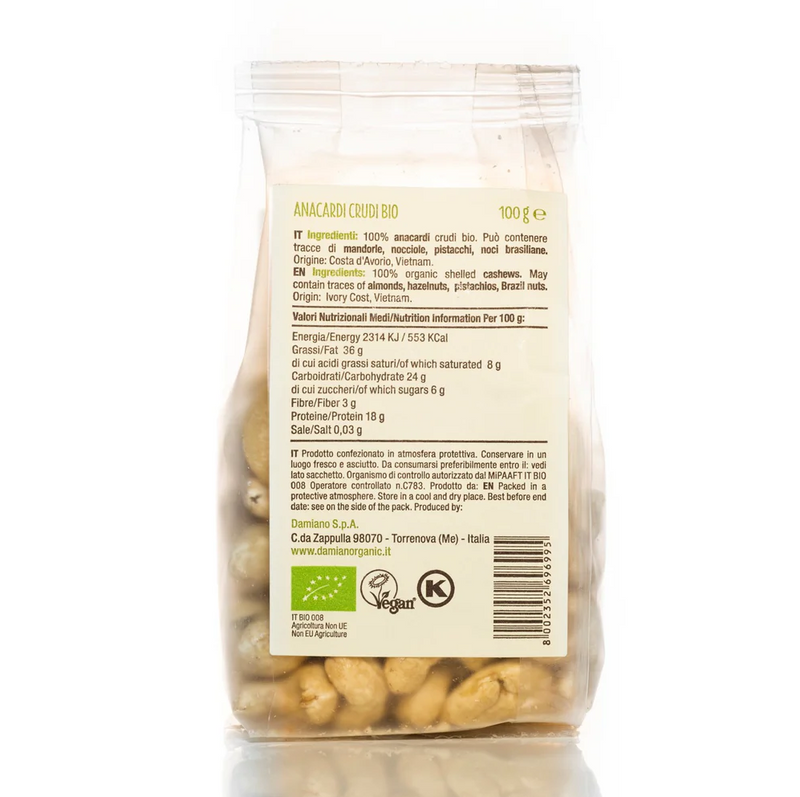 Organic Peeled Cashews 100g - Damiano -