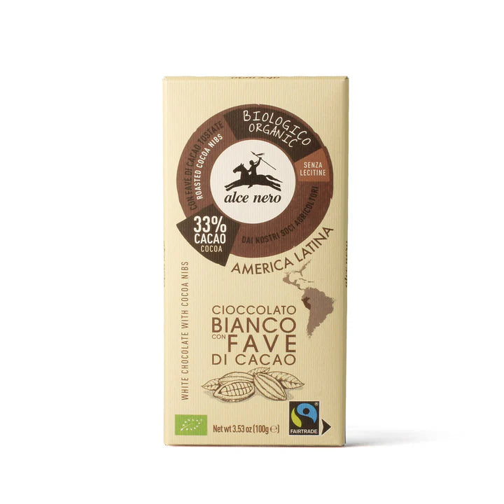 Organic Fairtrade white chocolate with cocoa nibs 100g