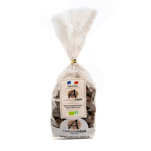 Organic Caramelized hazelnuts coated in milk chocolate 100g