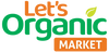 Logo of Let's Organic Market with green and orange text on a black background