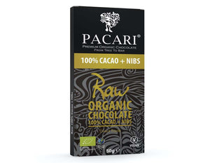 Organic Raw Chocolate Bar 100% Cacao & Nibs 50g, Gluten Free, Vegan