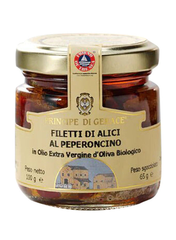 Spicy Fillets Of Anchovies  In Organic Extra Virgin Olive Oil 100g