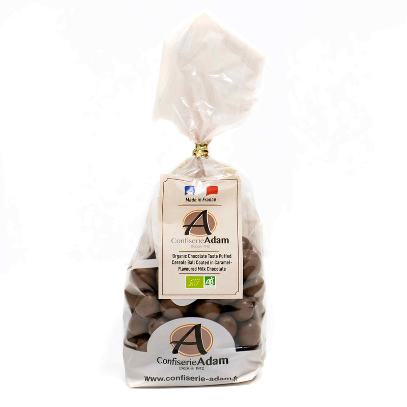 Organic Chocolate taste puffed cereals ball coated in caramel-flavoured milk chocolate 100g