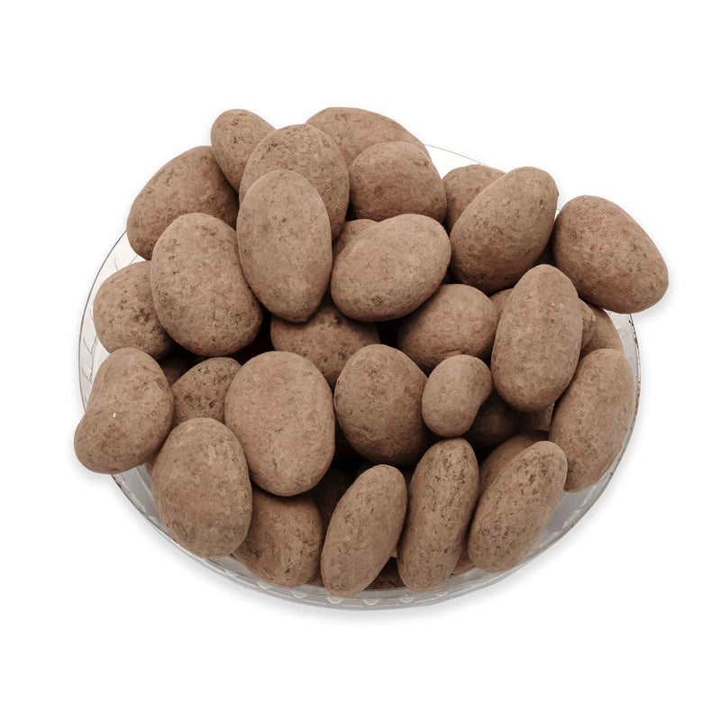 Organic Roasted almonds coated in dark chocolate and dusted with cocoa powder