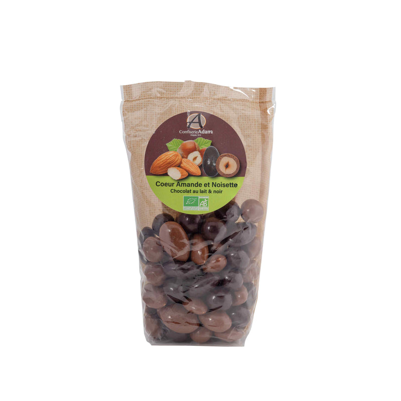 Organic Roasted almonds coated in dark chocolate and milk chocolate - Sachet